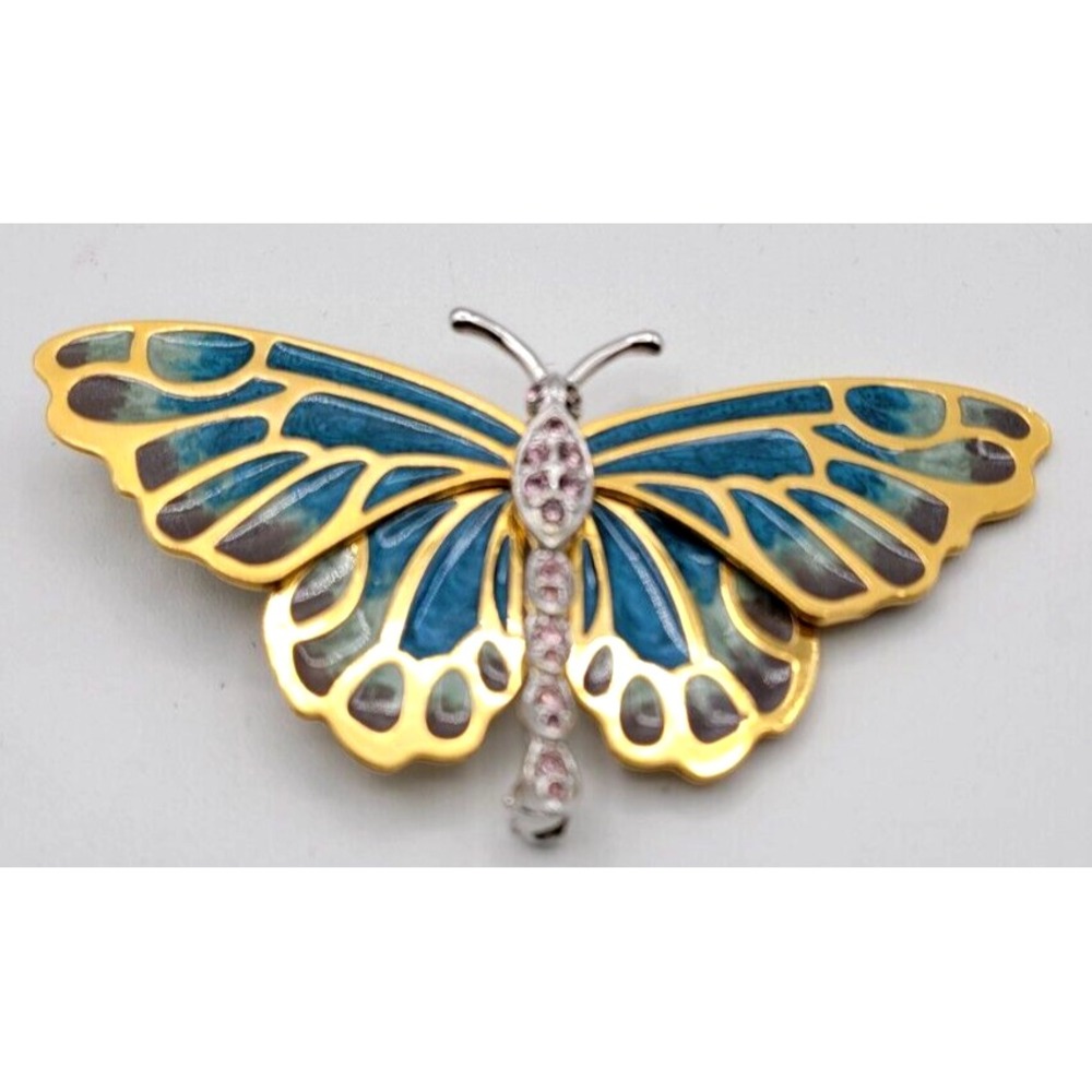 KJL Kenneth Jay Lane Blue and Green Pliqué A Jour‎ Butterfly Brooch Signed